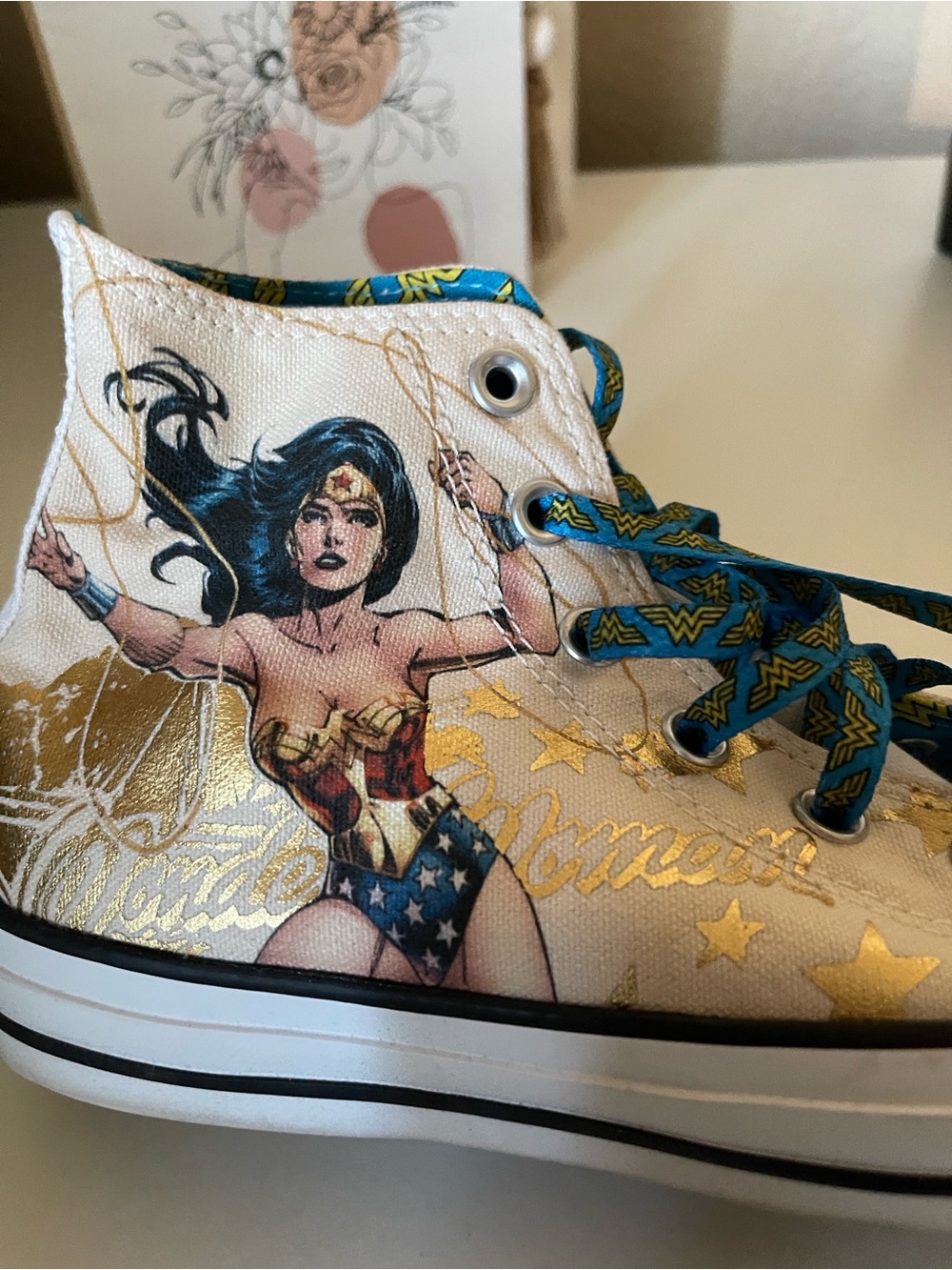 Converse Wonder Woman High Top Sneakers — White with Blue & Gold Accents 8 - Picture 10 of 12